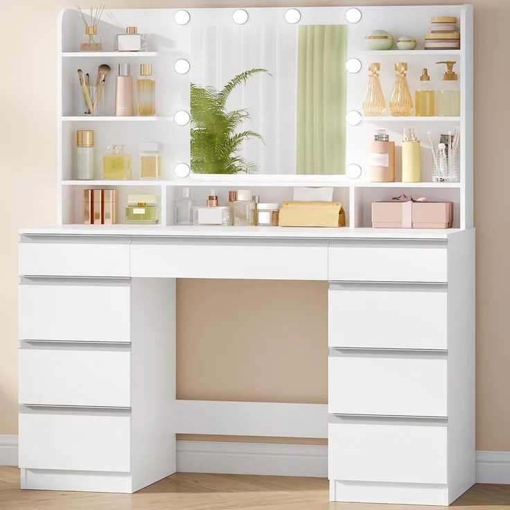 Hzuaneri Schminktisch, mit LED-Beleuchtung, Spiegel, Weiß & Silber, 40x108x140 cm – Bild 1