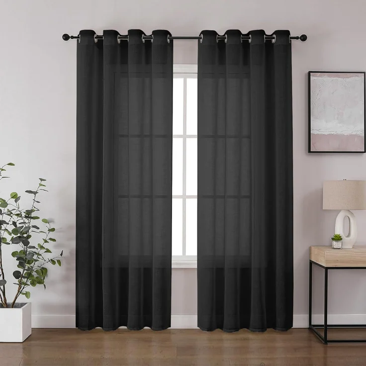 CUCRAF Leinen Voile Vorhänge mit Ösen Lichtfilterung Gardine für Schlafzimmer Wohnzimmer, Schwarz, H225 x B140cm 2er Set – Bild 1