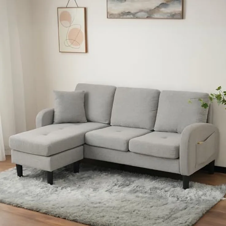 Ball & Cast L-förmiges Eckcouch mit Schlaffunktion, 3-Sitzer Sofa mit Kunststoffbeine aus Baumwoll-Leinenstoff für das Wohnzimmer Wohnung Villa, 166 x 77 x 118 (BxHxT), Grau
