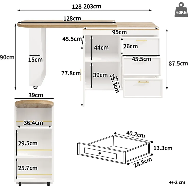 Bartisch Tisch mit 360° Drehfunktion, Verstellbare Regale & Kippschutz, 3 Schubladen & Seitenablage, Vielseitiger Stehtisch für Esszimmer, Wohnzimmer & Homeoffice--Weiß--97x54.51x16cm--YOUDENOVA – Bild 5