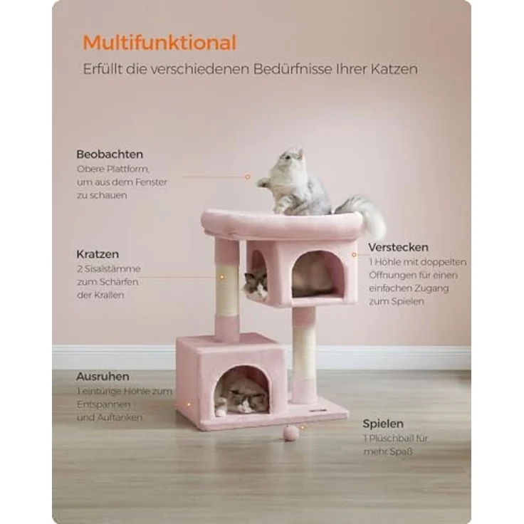Feandrea Kratzbaum, 84 cm Katzenbaum, L, Katzenhaus für große Katzen bis zu 7 kg, große Plattform, 2 Katzenhöhlen, Sisalstämme, pastellrosa PCT061P01 – Bild 4