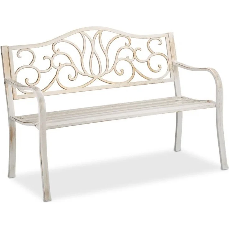 Relaxdays Gartenbank, 2 Plätze, Stahl/Gusseisen Weiß/Gold, 90 x 63 x 127,5 cm – Bild 1