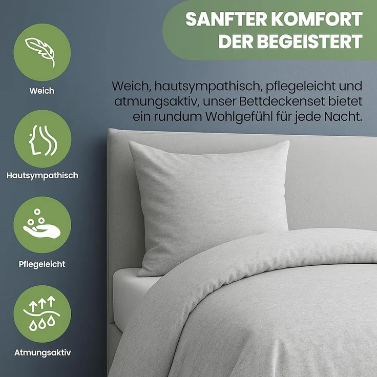 Jersey Bettwäsche 135x200cm 100% Baumwolle weich atmungsaktiv Hellgrau Melange – Bild 3