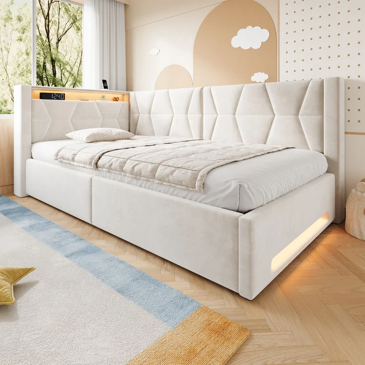LVHOM Einzelbett 90x200 cm mit Stauraum, Polsterbett mit LED, USB und Type-C, Jugendbett, Hydraulischem Bettgestell, Samt, Beige – Bild 9