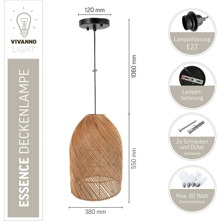 VIVANNO Hängeleuchte Rattan ESSENCE Rund - Beige Geflochten, ohne Leuchtmittel, 25x55 cm – Bild 3