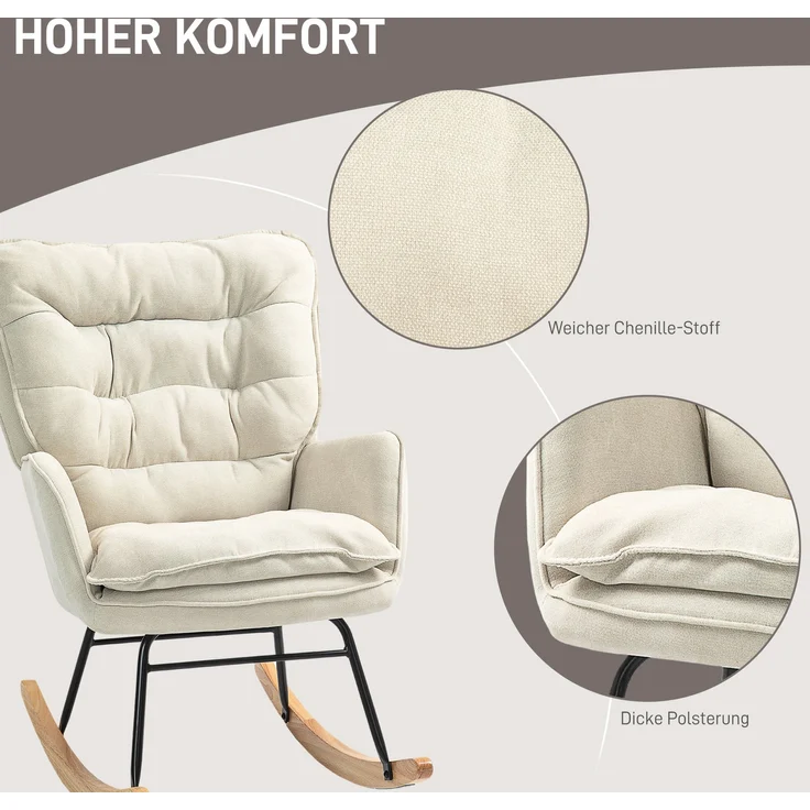 Schaukelstuhl mit Holzkufen Chenille Bezug Ergonomische Rückenlehne 120 kg Tragkraft Beige – Bild 4