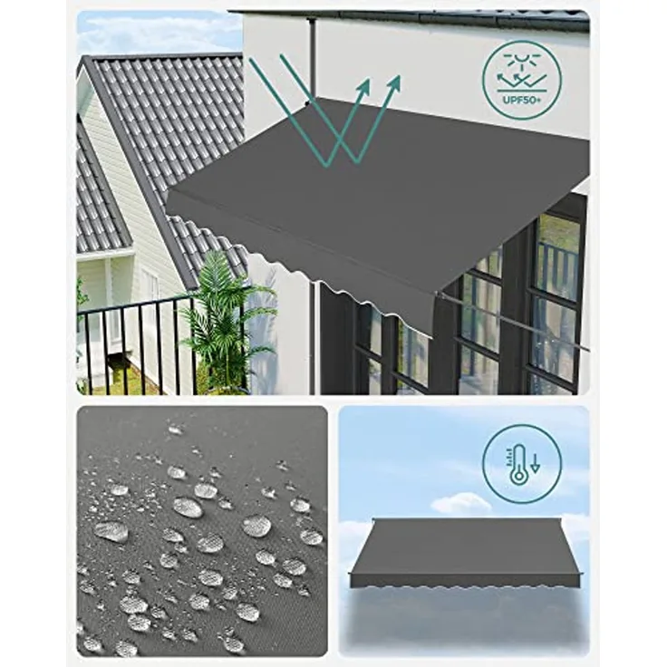Klemmmarkise, 350 x 130 cm, Balkonmarkise, höhenverstellbar, mit Handkurbel, Sonnenschutz, für Balkon, Terrasse, Garten, anthrazit GSA353G02