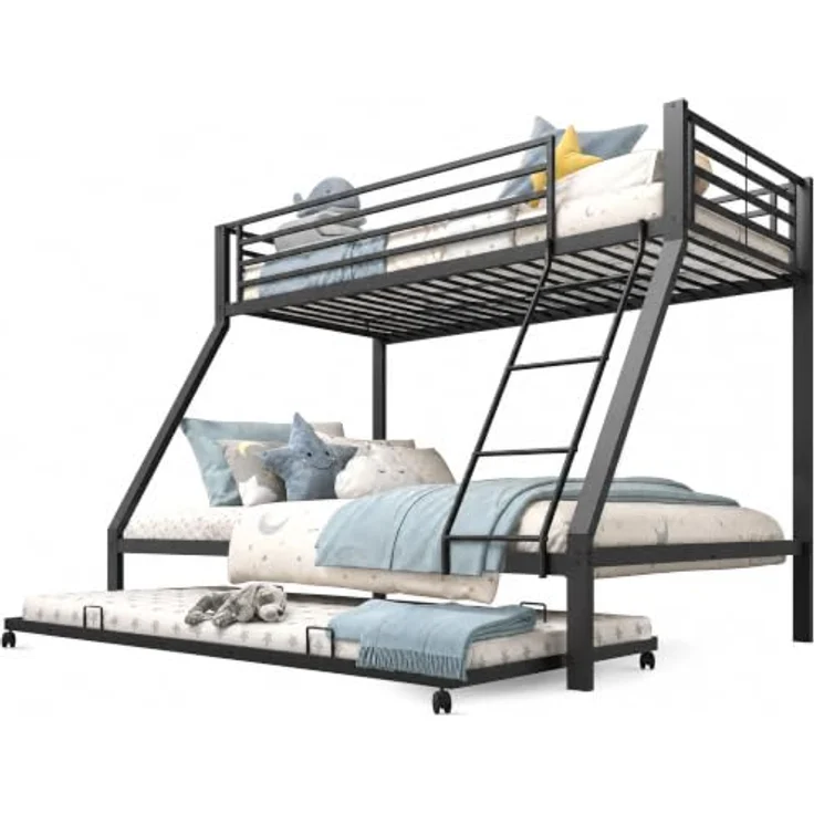 FAVSH Etagenbett 140x200 cm mit Ausziehbett 90x190cm aus Metall, Hochbett mit Rausfallschutz und Leiter, Geräuscharmes Doppelbett, rutschfest, für Jugendliche und Erwachsene, Schwarz E – Bild 6
