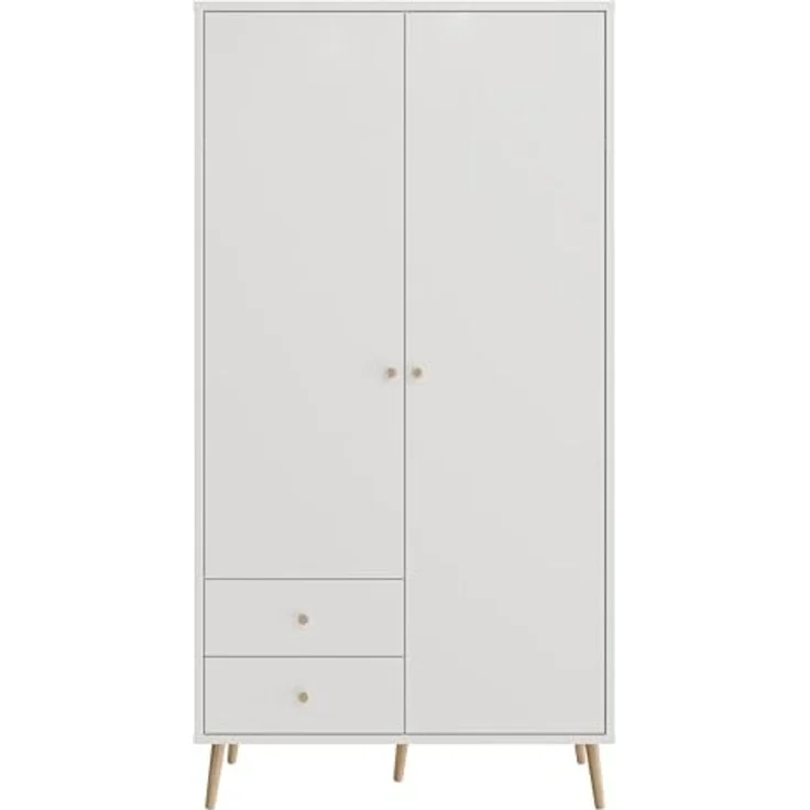 Forte HARLLSON Kleiderschrank 100 110, Mid-Century-Modern Stil, leichte Montage Dank EasyKlix by Forte, 2-türig, 2 Schubladen, Holzwerkstoff, Weiß, 104,5 cm breit x 201,7 cm hoch x 52,2 cm tief – Bild 3