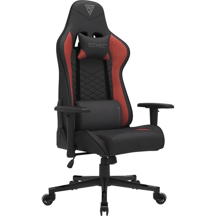 SENSE7 Gaming Stoff Spellcaster Bürostuhl Zocker Gamer Ergonomischer Stuhl Armlehne Einteiliger Stahlrahmen Einstellbarer Neigungswinkel Schwarz-Rot, 43-52 x 69,5 x 57