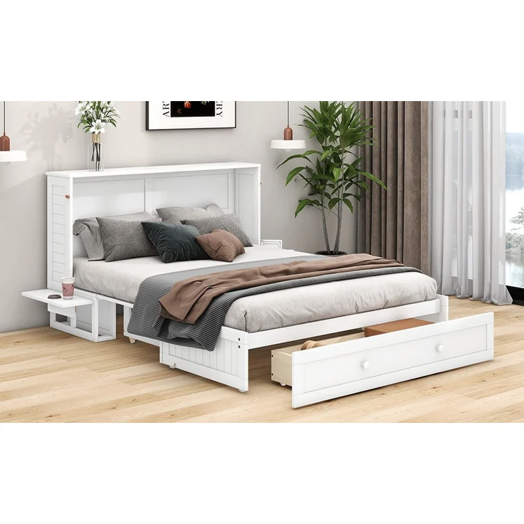 CHICFURN Bett aus Kiefernholz und MDF Weiß 140x200 cm, klappbar mit Schublade und Regalen – Bild 3