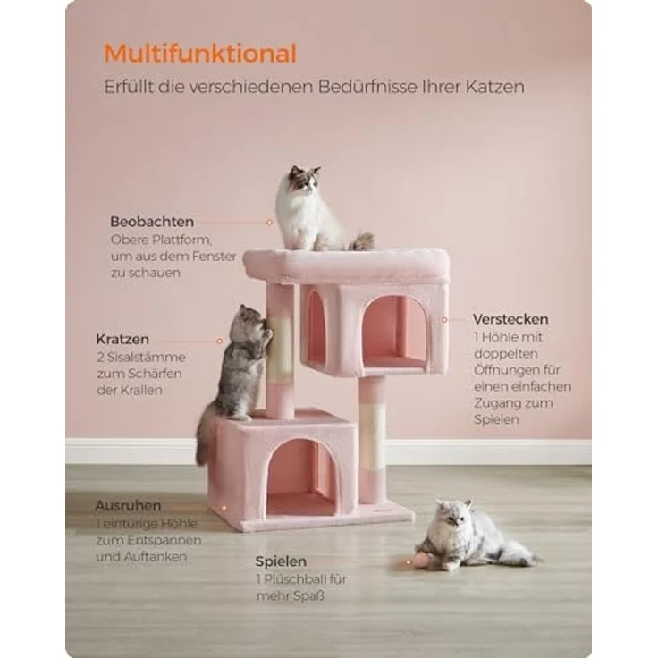 Feandrea Kratzbaum, 101 cm Katzenbaum, XL, Katzenhaus für extra große Katzen bis zu 20 kg, große Plattform, 2 Katzenhöhlen, Sisalstämme, pastellrosa PCT614P01 – Bild 4
