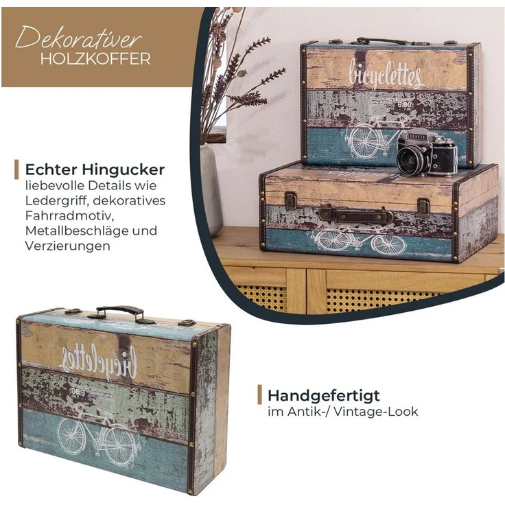 HMF Aufbewahrungsbox Handgefertigter Vintage Koffer aus Holz, Deko Koffer, Geschenkkoffer im Fahrrad Design, 44 x 32 x 16 cm – Bild 2