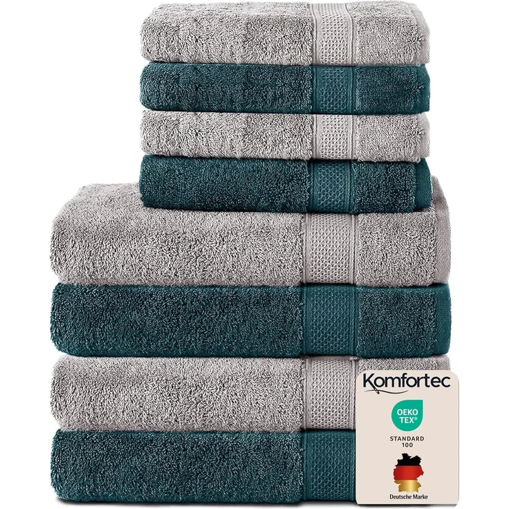 Komfortec 8er Handtuch Set aus 100% Baumwolle, 4 Badetücher 70x140 und 4 Handtücher 50x100 cm, Frottee, Weich,Groß, Silber/Petrol – Bild 1