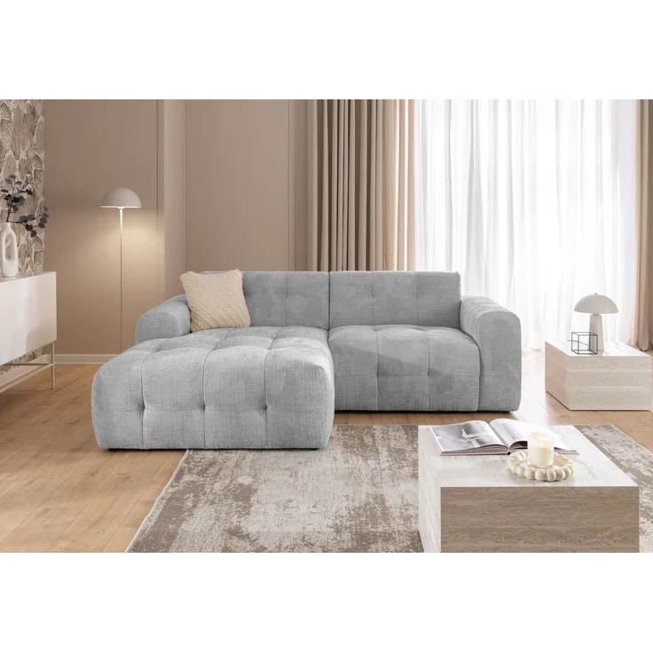 luma-home Modernes Ecksofa mit Ottomane links, markante Steppungen, Chenille in Hellgrau, 234 x 161 x 79cm – Bild 2