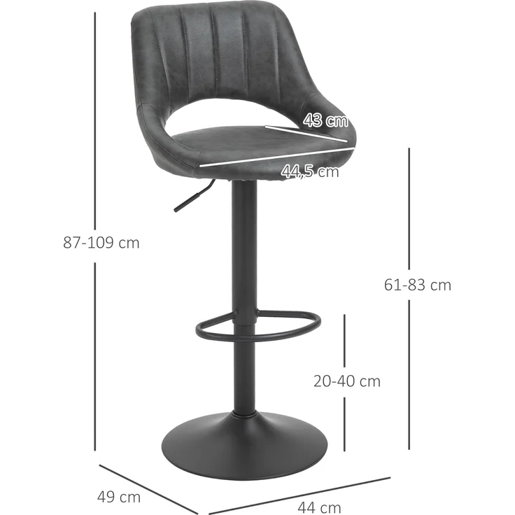 HOMCOM Barhocker Barstuhl mit Fußstütze (Tresenstuhl, 2 St, Tresenhocker), Metallrahmen, Grau, 44 x 49 x 90-110 cm – Bild 3