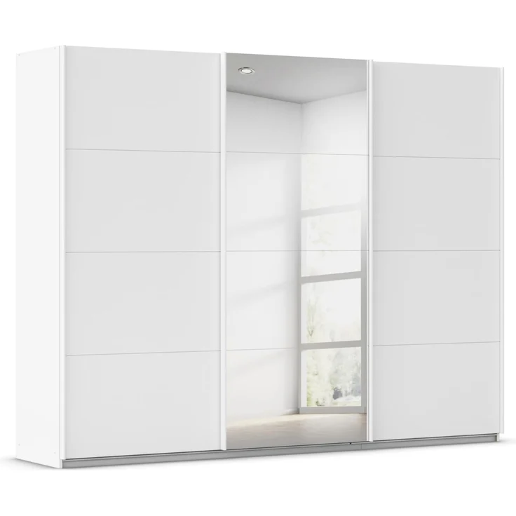 Rauch Möbel Kulmbach, Kleiderschrank mit Schwebetüren für Schlafzimmer, Kinderzimmer, Jugendzimmer, Garderobe, Flur, 3-türig, mit Spiegel, Zubehör Basic, Farbe Weiß, Breite 271 cm