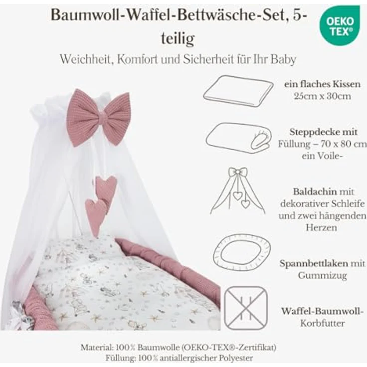 Wiklinopol Stubenwagen aus Weide mit Baldachin und Gestell Lena – Moseskorb in Weiß, Komplettset mit 5-TLG. Waffel-Bettwäsche Zirkusmotiv – Mit Rollen, Tragbar, Sicher – Bild 3