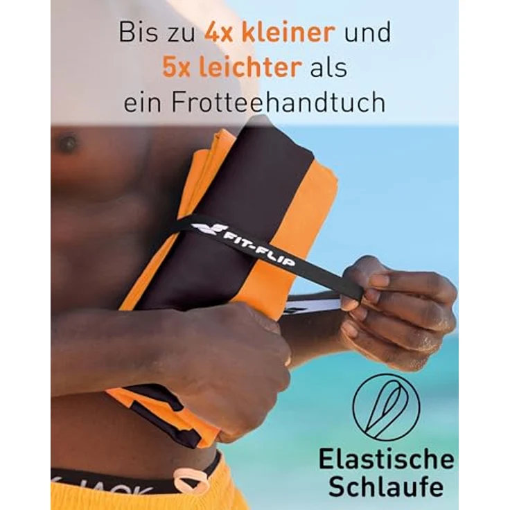 Fit-Flip Strandtuch XXL Mikrofaser, leicht und schnelltrocknend, 100% recyceltes Badetuch, orange-dunkelgrau gestreift, 200x90cm – Bild 5