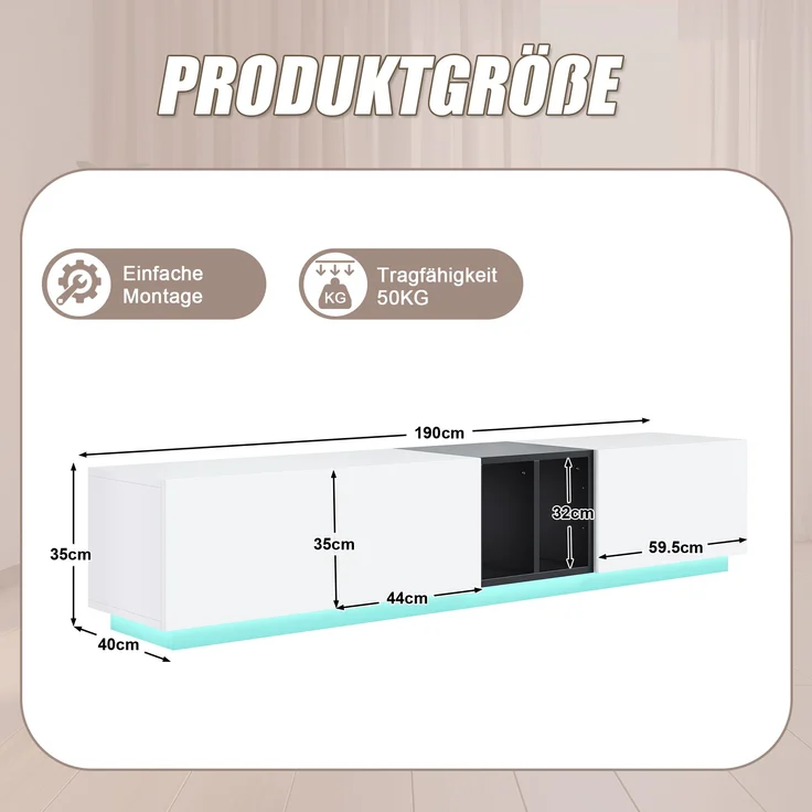 Moderner TV-Schrank weiß/schwarz, 190x40x35 cm, mit Schubladen & Regalen – Bild 10