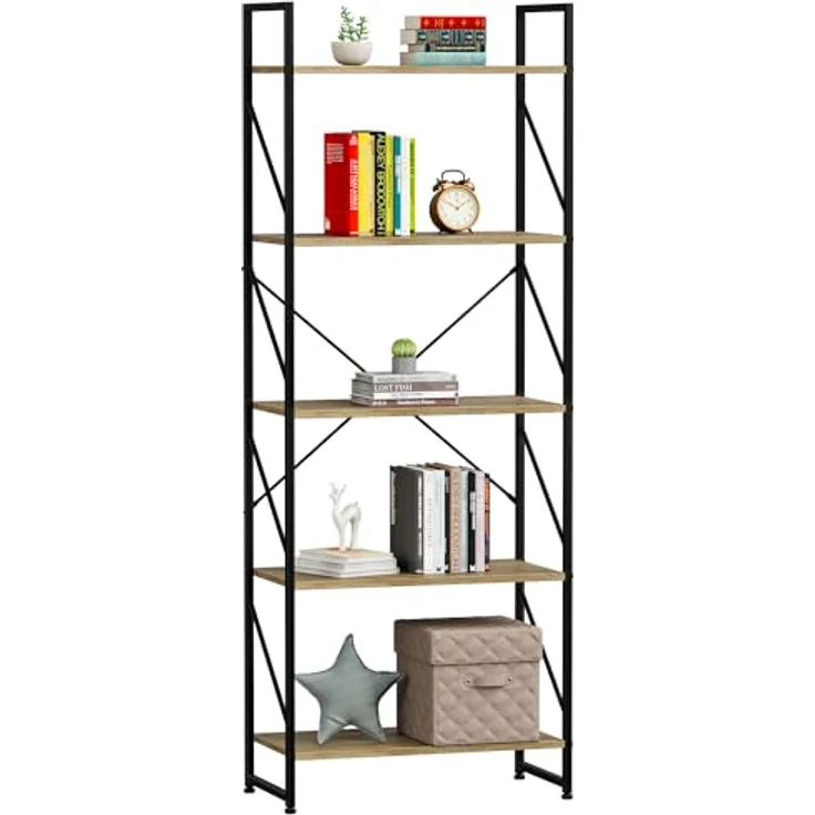YITAHOME Bücherregal, Standregal mit 5 Ebenen, Hohes Lagerregal mit Metallrahmen, Industrielles Ausstellungsregal, Regaleinheiten, für Wohnzimmer, Schlafzimmer, Homeoffice, Küche, Eichenfarbe Regal – Bild 8