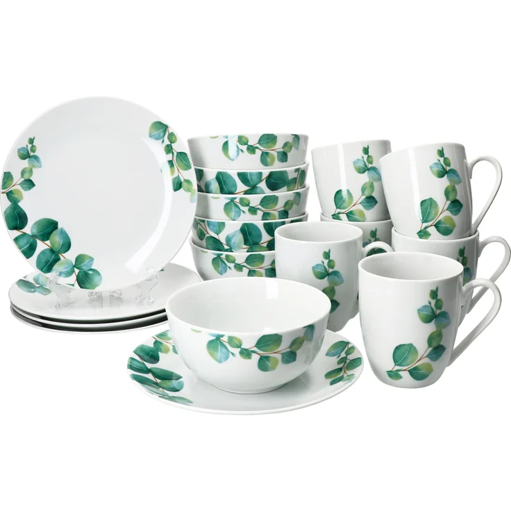 Eukalyptus 18tlg Frühstücksset Porzellan 6 Personen Teller Becher Schale Blatt – Bild 2