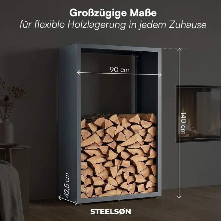 STEELSØN 'Keid' Kaminholzregal 140x90x42,5 cm, Brennholz Regal für innen/außen, rostfrei & wetterfest, stabil aus Metall, anthrazit – Bild 8