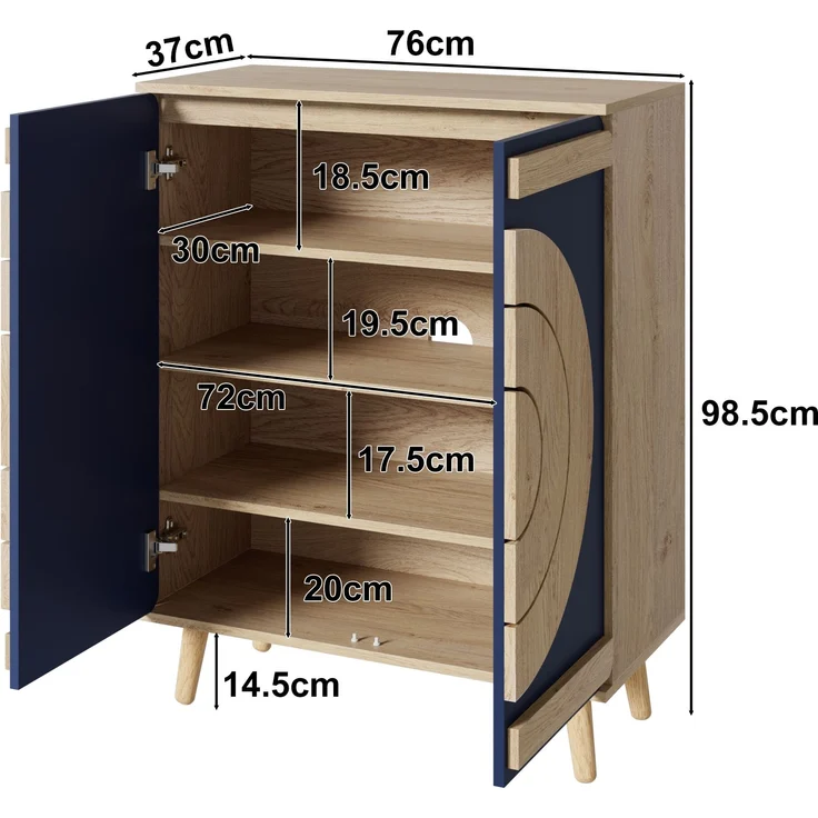 Schuhschrank 76cm×37cm×98.5cm kreisrunde Türen Blau Natur mehrstufig bis 40 kg – Bild 10