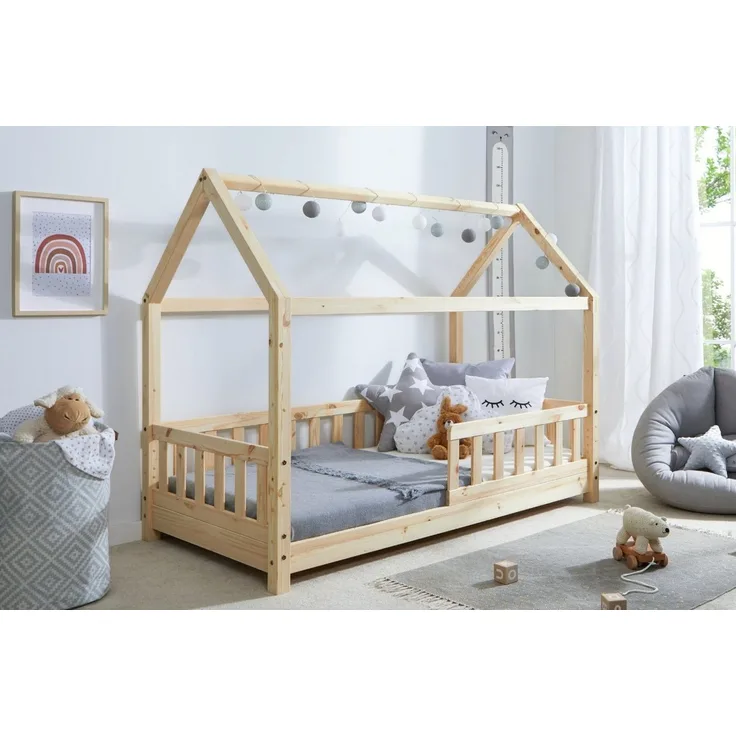 Ticaa Hausbett Kay mit Rausfallschutz aus Kiefer, Kinderbett 80x160, inkl. Dach, mit Rollrost, mit Matratze