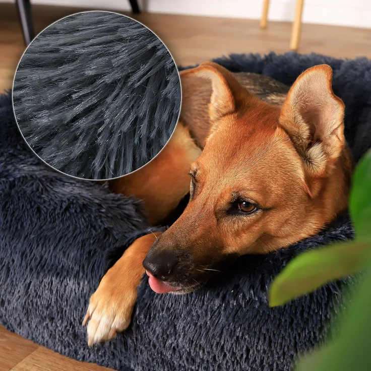 lionto Donut Hundebett, rundes Hundesofa mit Plüschbezug & Anti-Rutsch-Noppen, weich & gemütlich, 80 cm Durchmesser, dunkelgrau – Bild 3