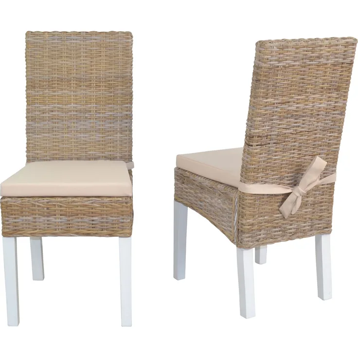 Esszimmerstuhl 2er Set, aus Kubu-Rattan handgeflochten, naturgrau-weiß, mit Kissen