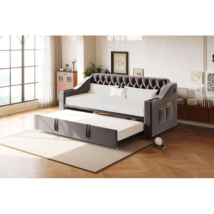 Schlafsofa Polsterbett, 2-Sitzer auf 90/180 x 190 cm erweiterbar, mit breiten und dicken Armlehnen, USB-Ladeanschluss, integrierte Ablage in Armlehnen, Ablagetaschen, mit Lattenrost, Samtstoff, dunkelgrau, 90/180 x 190 cm – Bild 7
