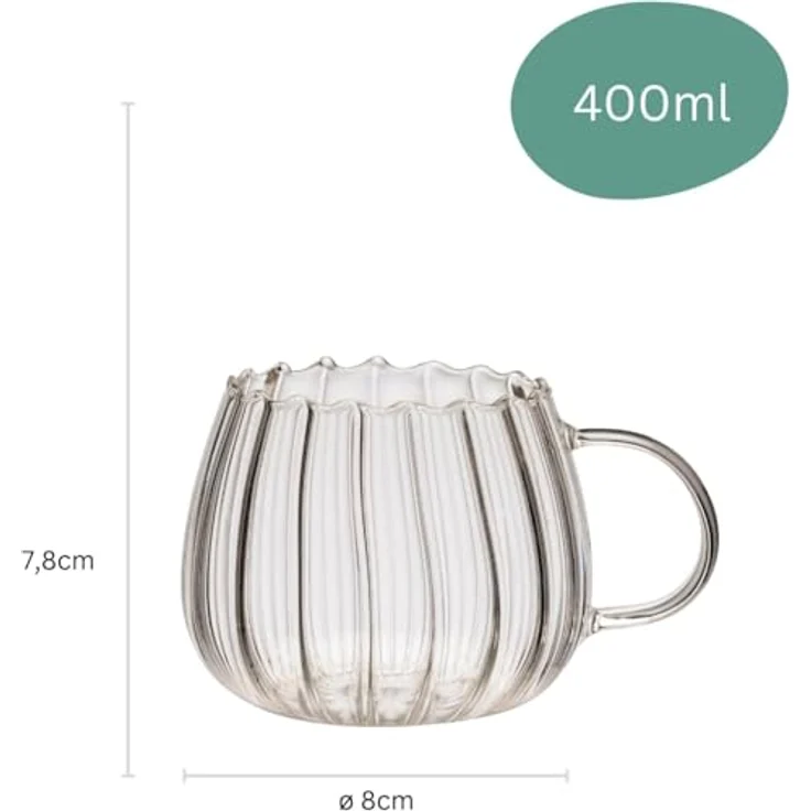 Zoha Glas Riffle Cup 400ml für Kalt- & Heißgetränke, Spülmaschinenfest, Stilvoll, 8-tlg, Borosilikatglas, hitzebeständiges Tassen Set für Kaffee, Matcha, Latte Macchiato, 8 St. – Bild 5
