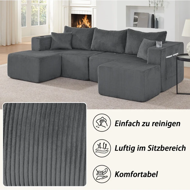 Ecksofa, Cordstoff mit 2 beweglichen Ottomanen & Getränkehaltern, 3-Sitzer, 230×138×75 cm, Grau – Bild 8