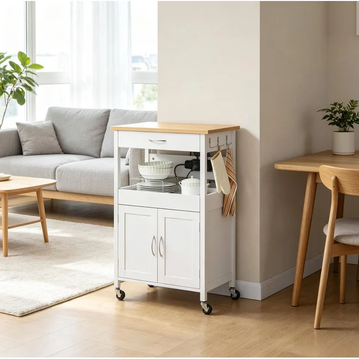 Küchenwagen aus MDF mit Steckdosen, Stauraum und Rollen, 60x45x92 cm, Weiß – Bild 2