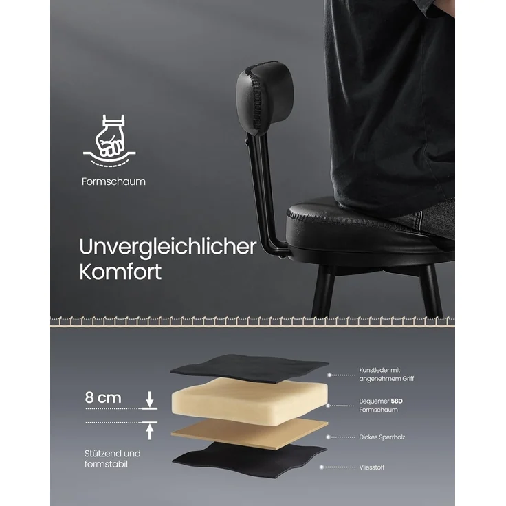 VASAGLE EKHO Kollektion - 360° drehbarer Barhocker, 2er Set, Hocker mit Rückenlehne für Bartisch, Kunstleder mit Nähten, Mid-Century-Modern-Stil, 76 cm hoch, Küche, Hausbar, tintenschwarz LBC889B01 – Bild 6