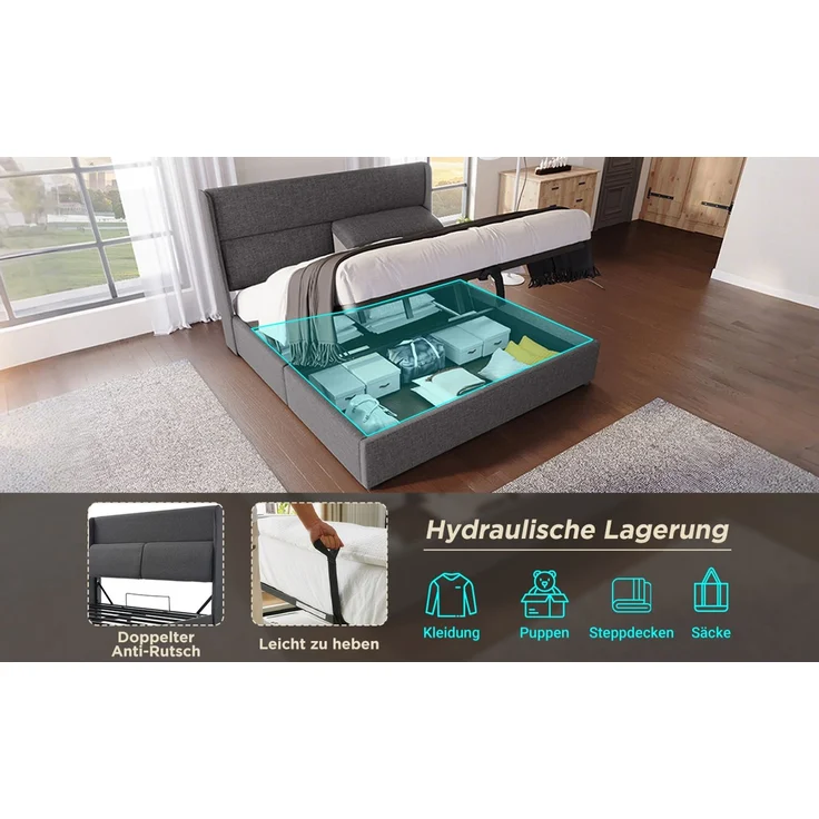 TavilaEcon Boxspringbett Hydraulisches Stauraumbett mit dreifach verstellbare Kopfstütze grau Liegefläche 160 × 200 cm – Modell AB20059192G – Bild 3