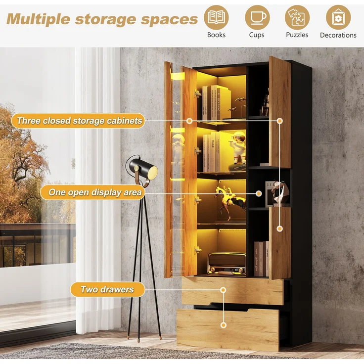 Vitrinenschrank 70x35x180 cm mit LED-App-Steuerung, 3 Türen und 2 Schubladen – Bild 8