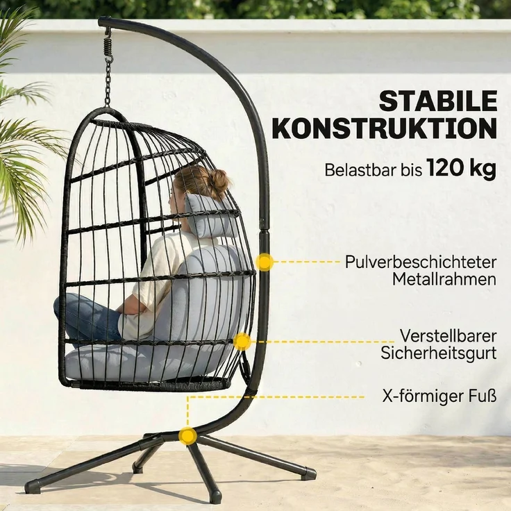 MELAYR, Hängesessel mit Gestell faltbar Polyrattan Hängekorb mit Kissen Sicherheitsgurt, 105 x 101 x 196 cm, Hellgrau – Bild 6