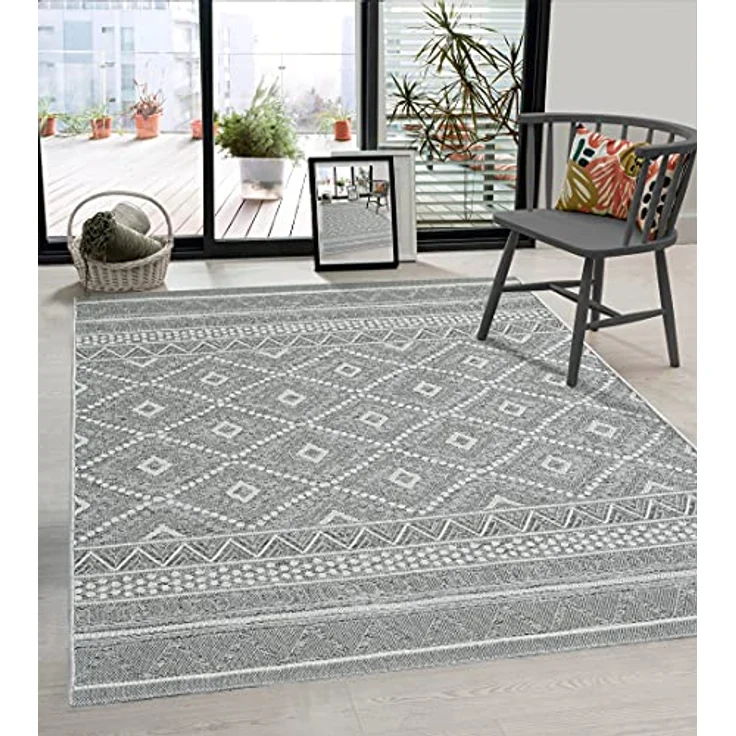 the carpet Calgary - robuster Teppich, Flachgewebe, modernes Design, ideal für Küche und Esszimmer, Vintage-Optik, Boho-Style, besonders flach, auch für den Außenbereich, Grau-Raute, 120 cm Rund – Bild 5
