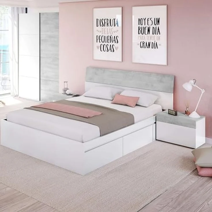 Habitdesign, modernes Kopfteil mit 2 Beistelltischen – Schlafzimmer-Set für Doppelbett in Artik weiß & Zementgrau, viel Stauraum, Maße: 298 x 96,5 x 40 cm (B x H x T), Modell Tekkan – Bild 7