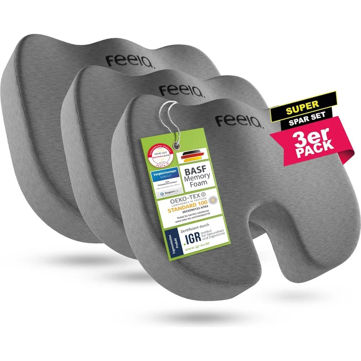 feela.® Orthopädisches Sitzkissen [3 Härtegrade] TESTSIEGER – Ergonomische Sitzkissen für Bürostuhl & Auto – Schmerzlindernd, Steißbein entlastend, Sitzkomfort erhöhend (3er Set, Medium)