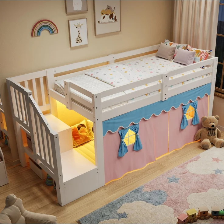 Halbhohes Bett 90x200 cm aus Kiefernholz und MDF mit LED-Lichtleiste, Vorhängen und Leiterschrank – Ohne Matratze – Bild 4