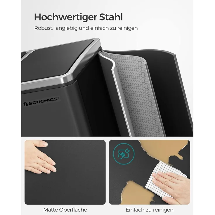 Songmics Mülleimer mit Deckel mit langsamem Verschluss, Inneneimern & Griffen, Schwarz, 3 Fächer, 3x18 Liter – Bild 3