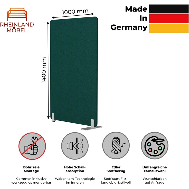 Rheinland Möbel FocusWall STW1014 – Akustik-Stellwand 1000×1400 mm in Stofffarbe Windjammer inkl. Standfüßen – Schreibtisch-Trennwand für Büro & Homeoffice – Schallschutz – Made in Germany – Bild 2