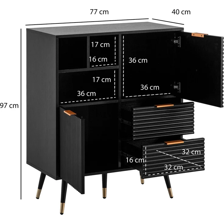 FINEBUY Kommode FB103427 (77x97x40 cm Eiche-Optik Schwarz, Kommode Modern), Anrichte, Standschrank mit 2 Türen & Schubladen – Bild 3