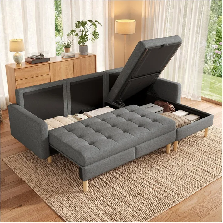 Merax Ecksofa mit Stauraum & Schlaffunktion, L-Form mit wechselbarer Chaiselongue, 3-Sitzer, Beige/Grau, 212×130×86cm