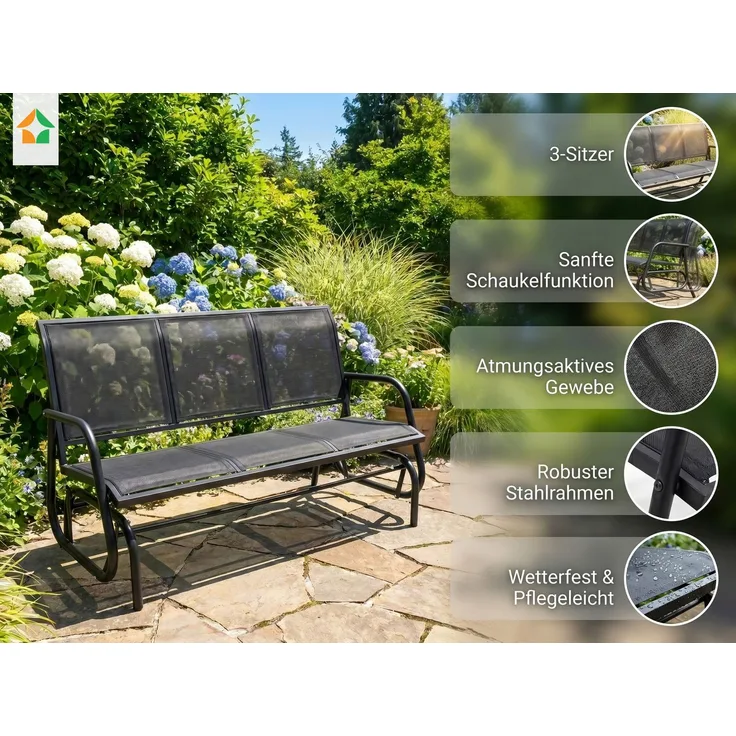 Schaukelbank Gartenbank 3-Sitzer, ca. 151 x 70 x 83 cm – Schwarz