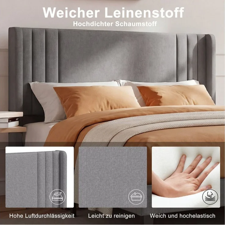 PXloue Polsterbett Daybett Jugendbett, Leinen Polsterbett, mit Lattenrost, hohem Kopfteil, 140x200 cm – Bild 4