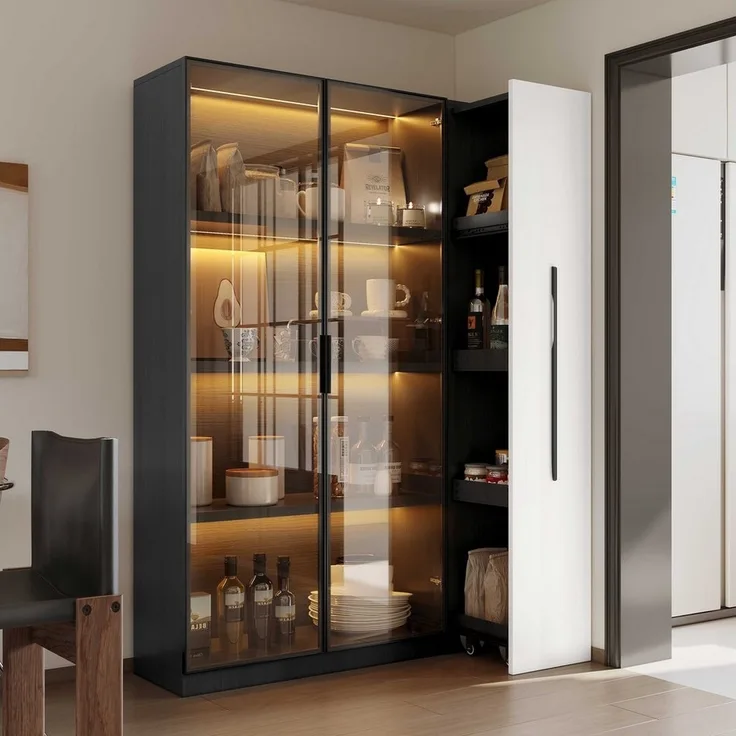 BlingBin Stauraumvitrine Multifunktionsschrank Glasvitrine (1-St, Bücherregal mit LED-Vitrine & seitlichem Auszugsschrank auf Rollen) Soft-Close-Scharniere, Warmgelbe Beleuchtung, 110,5×35×160 cm